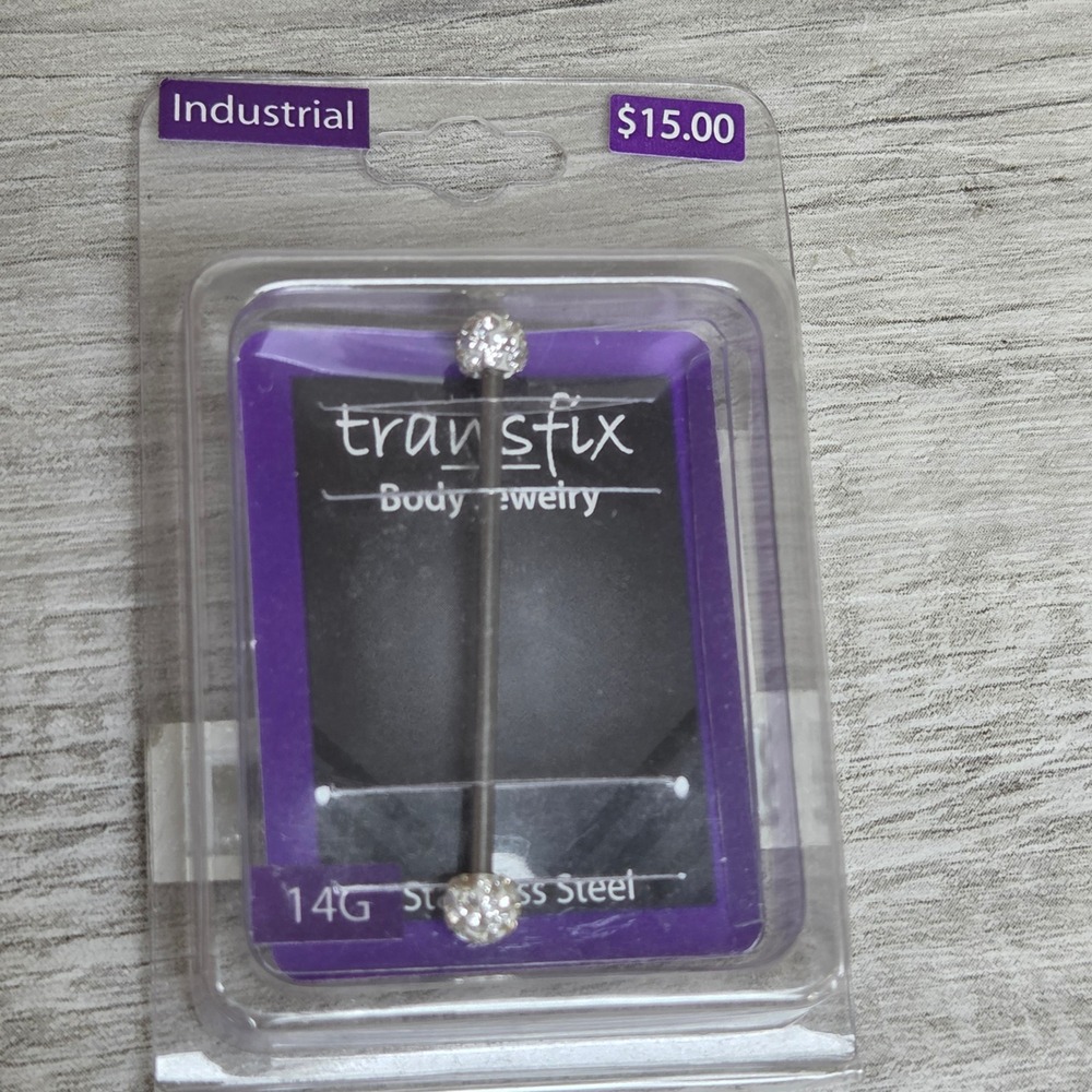 Transfix 14G Industrial Barbell Clear Pave Crystal Stainless Steel NWT Sealed